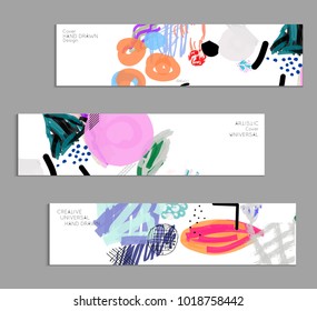 Abstract universal art web header template. Collage made with scribbles, marker, canyon strokes, black geometric shapes, ink drawn splashes. Bright colored isolated on white background cover template.