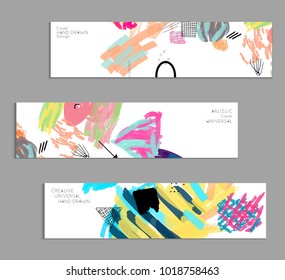 Abstract universal art web header template. Collage made with scribbles, marker, canyon strokes, black geometric shapes, ink drawn splashes. Bright colored isolated on white background cover template.