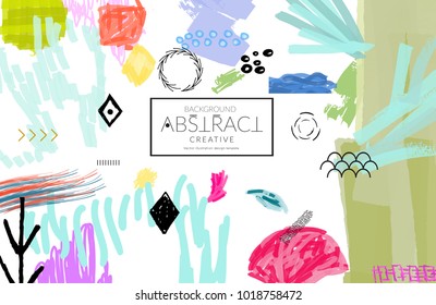 Abstract universal art web header template. Collage made with scribbles, marker, canyon strokes, black geometric shapes, ink drawn splashes. Bright colored isolated on white background cover template.