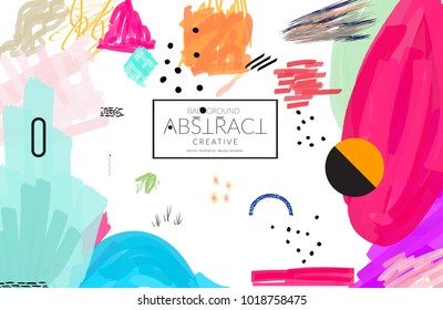 Abstract universal art web header template. Collage made with scribbles, marker, canyon strokes, black geometric shapes, ink drawn splashes. Bright colored isolated on white background cover template.