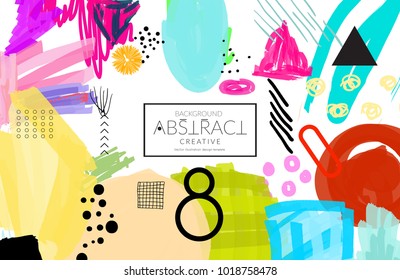 Abstract universal art web header template. Collage made with scribbles, marker, canyon strokes, black geometric shapes, ink drawn splashes. Bright colored isolated on white background cover template.