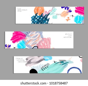 Abstract universal art web header template. Collage made with scribbles, marker, canyon strokes, black geometric shapes, ink drawn splashes. Bright colored isolated on white background cover template.