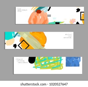 Abstract universal art web header template. Collage made with scribbles, marker, canyon strokes, black geometric shapes, ink drawn splashes. Bright colored isolated on white background cover template.