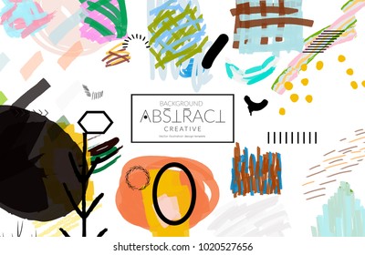 Abstract universal art web header template. Collage made with scribbles, marker, canyon strokes, black geometric shapes, ink drawn splashes. Bright colored isolated on white background cover template.