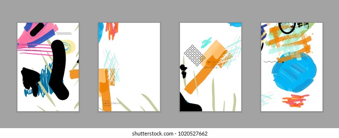 Abstract universal art web header template. Collage made with scribbles, marker, canyon strokes, black geometric shapes, ink drawn splashes. Bright colored isolated on white background cover template.