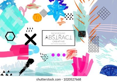 Abstract universal art web header template. Collage made with scribbles, marker, canyon strokes, black geometric shapes, ink drawn splashes. Bright colored isolated on white background cover template.