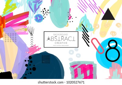 Abstract universal art web header template. Collage made with scribbles, marker, canyon strokes, black geometric shapes, ink drawn splashes. Bright colored isolated on white background cover template.
