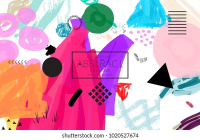 Abstract universal art web header template. Collage made with scribbles, marker, canyon strokes, black geometric shapes, ink drawn splashes. Bright colored isolated on white background cover template.