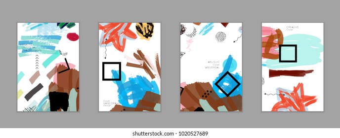 Abstract universal art web header template. Collage made with scribbles, marker, canyon strokes, black geometric shapes, ink drawn splashes. Bright colored isolated on white background cover template.