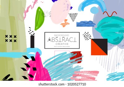 Abstract universal art web header template. Collage made with scribbles, marker, canyon strokes, black geometric shapes, ink drawn splashes. Bright colored isolated on white background cover template.