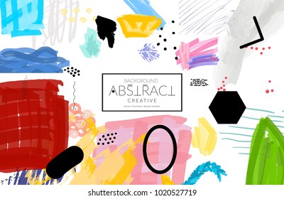 Abstract universal art web header template. Collage made with scribbles, marker, canyon strokes, black geometric shapes, ink drawn splashes. Bright colored isolated on white background cover template.