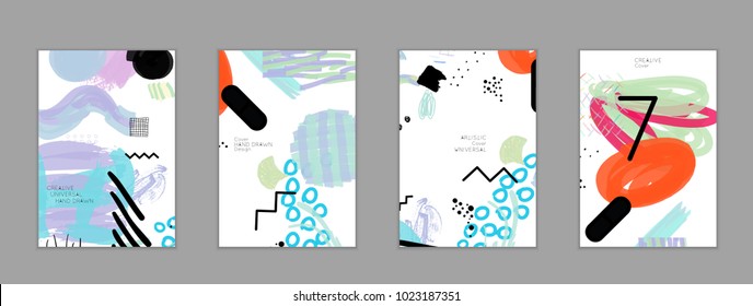Abstract universal art web header template. Collage made with scribbles, marker, canyon strokes, black geometric shapes, ink drawn splashes. Bright colored isolated on white background cover template.