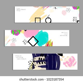 Abstract universal art web header template. Collage made with scribbles, marker, canyon strokes, black geometric shapes, ink drawn splashes. Bright colored isolated on white background cover template.