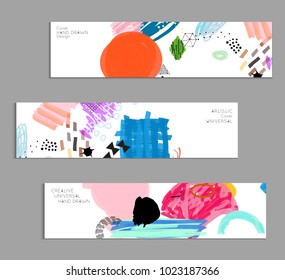 Abstract universal art web header template. Collage made with scribbles, marker, canyon strokes, black geometric shapes, ink drawn splashes. Bright colored isolated on white background cover template.