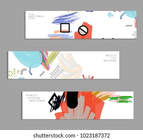 Abstract universal art web header template. Collage made with scribbles, marker, canyon strokes, black geometric shapes, ink drawn splashes. Bright colored isolated on white background cover template.
