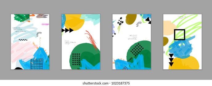 Abstract universal art web header template. Collage made with scribbles, marker, canyon strokes, black geometric shapes, ink drawn splashes. Bright colored isolated on white background cover template.