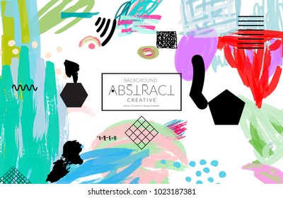Abstract universal art web header template. Collage made with scribbles, marker, canyon strokes, black geometric shapes, ink drawn splashes. Bright colored isolated on white background cover template.