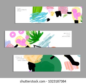 Abstract universal art web header template. Collage made with scribbles, marker, canyon strokes, black geometric shapes, ink drawn splashes. Bright colored isolated on white background cover template.