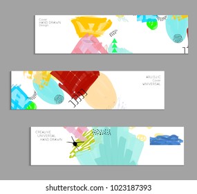 Abstract universal art web header template. Collage made with scribbles, marker, canyon strokes, black geometric shapes, ink drawn splashes. Bright colored isolated on white background cover template.