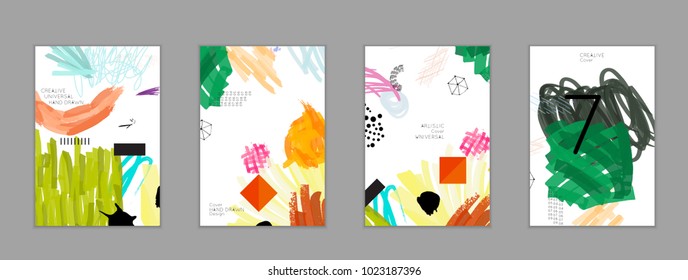 Abstract universal art web header template. Collage made with scribbles, marker, canyon strokes, black geometric shapes, ink drawn splashes. Bright colored isolated on white background cover template.