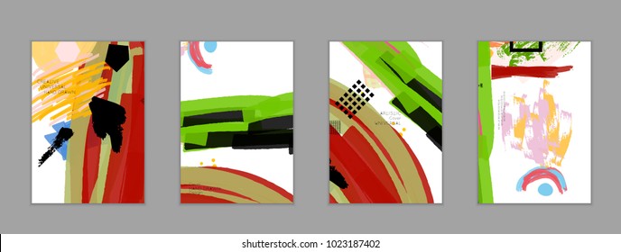 Abstract universal art web header template. Collage made with scribbles, marker, canyon strokes, black geometric shapes, ink drawn splashes. Bright colored isolated on white background cover template.