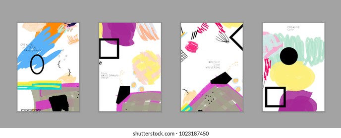 Abstract universal art web header template. Collage made with scribbles, marker, canyon strokes, black geometric shapes, ink drawn splashes. Bright colored isolated on white background cover template.