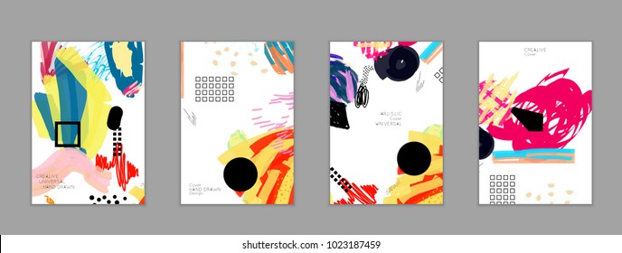 Abstract universal art web header template. Collage made with scribbles, marker, canyon strokes, black geometric shapes, ink drawn splashes. Bright colored isolated on white background cover template.