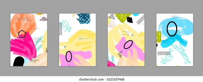 Abstract universal art web header template. Collage made with scribbles, marker, canyon strokes, black geometric shapes, ink drawn splashes. Bright colored isolated on white background cover template.