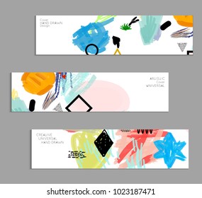 Abstract universal art web header template. Collage made with scribbles, marker, canyon strokes, black geometric shapes, ink drawn splashes. Bright colored isolated on white background cover template.