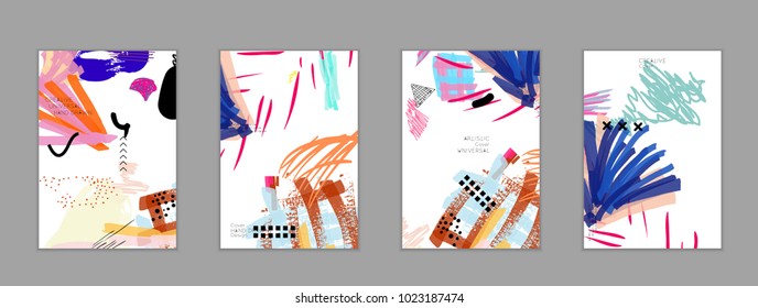 Abstract universal art web header template. Collage made with scribbles, marker, canyon strokes, black geometric shapes, ink drawn splashes. Bright colored isolated on white background cover template.