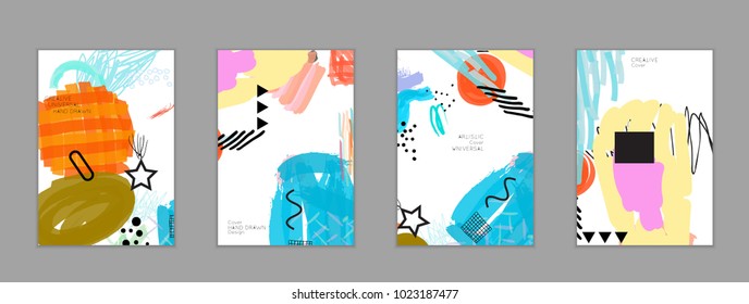 Abstract universal art web header template. Collage made with scribbles, marker, canyon strokes, black geometric shapes, ink drawn splashes. Bright colored isolated on white background cover template.