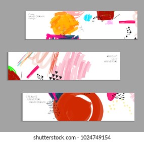 Abstract universal art web header template. Collage made with scribbles, marker, canyon strokes, black geometric shapes, ink drawn splashes. Bright colored isolated on white background cover template.