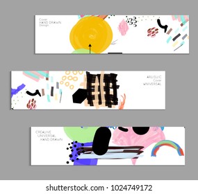 Abstract universal art web header template. Collage made with scribbles, marker, canyon strokes, black geometric shapes, ink drawn splashes. Bright colored isolated on white background cover template.