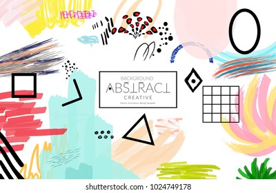 Abstract universal art web header template. Collage made with scribbles, marker, canyon strokes, black geometric shapes, ink drawn splashes. Bright colored isolated on white background cover template.