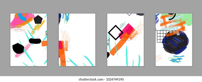 Abstract universal art web header template. Collage made with scribbles, marker, canyon strokes, black geometric shapes, ink drawn splashes. Bright colored isolated on white background cover template.