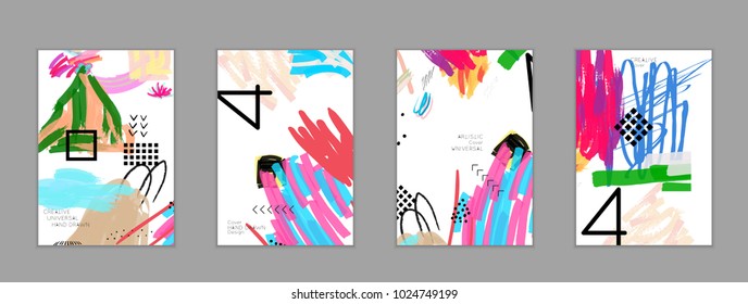 Abstract universal art web header template. Collage made with scribbles, marker, canyon strokes, black geometric shapes, ink drawn splashes. Bright colored isolated on white background cover template.