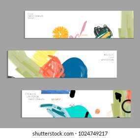 Abstract universal art web header template. Collage made with scribbles, marker, canyon strokes, black geometric shapes, ink drawn splashes. Bright colored isolated on white background cover template.