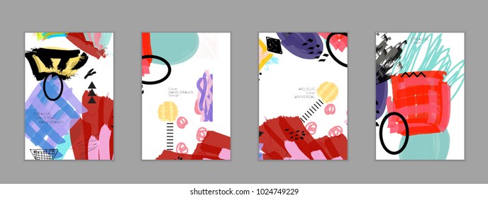Abstract universal art web header template. Collage made with scribbles, marker, canyon strokes, black geometric shapes, ink drawn splashes. Bright colored isolated on white background cover template.
