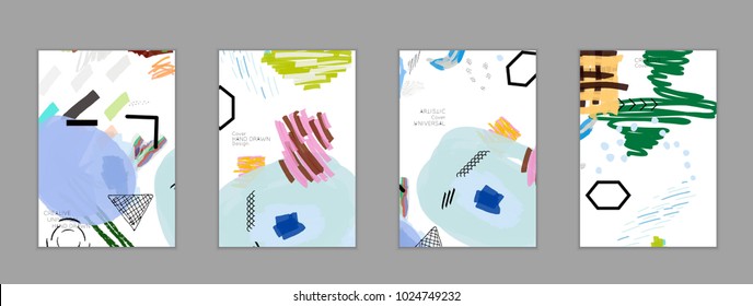 Abstract universal art web header template. Collage made with scribbles, marker, canyon strokes, black geometric shapes, ink drawn splashes. Bright colored isolated on white background cover template.