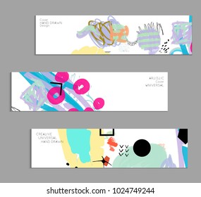 Abstract universal art web header template. Collage made with scribbles, marker, canyon strokes, black geometric shapes, ink drawn splashes. Bright colored isolated on white background cover template.