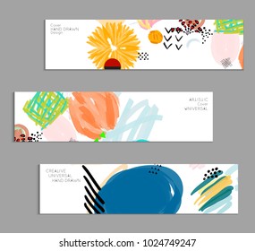 Abstract universal art web header template. Collage made with scribbles, marker, canyon strokes, black geometric shapes, ink drawn splashes. Bright colored isolated on white background cover template.
