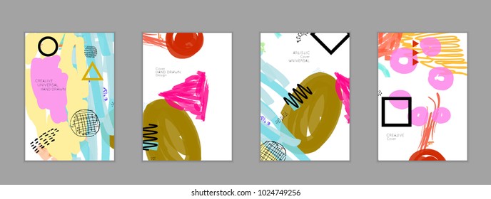 Abstract universal art web header template. Collage made with scribbles, marker, canyon strokes, black geometric shapes, ink drawn splashes. Bright colored isolated on white background cover template.