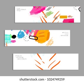 Abstract universal art web header template. Collage made with scribbles, marker, canyon strokes, black geometric shapes, ink drawn splashes. Bright colored isolated on white background cover template.