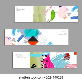 Abstract universal art web header template. Collage made with scribbles, marker, canyon strokes, black geometric shapes, ink drawn splashes. Bright colored isolated on white background cover template.