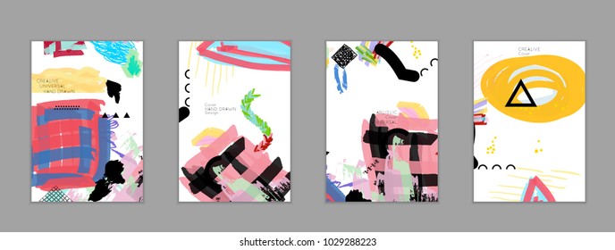 Abstract universal art web header template. Collage made with scribbles, marker, canyon strokes, black geometric shapes, ink drawn splashes. Bright colored isolated on white background cover template.