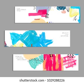Abstract universal art web header template. Collage made with scribbles, marker, canyon strokes, black geometric shapes, ink drawn splashes. Bright colored isolated on white background cover template.
