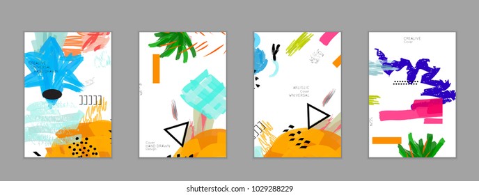 Abstract universal art web header template. Collage made with scribbles, marker, canyon strokes, black geometric shapes, ink drawn splashes. Bright colored isolated on white background cover template.