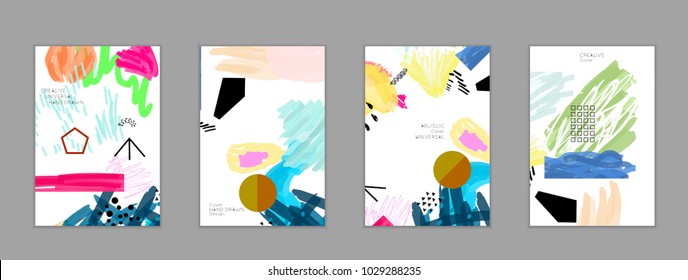 Abstract universal art web header template. Collage made with scribbles, marker, canyon strokes, black geometric shapes, ink drawn splashes. Bright colored isolated on white background cover template.