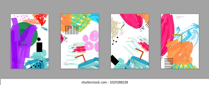 Abstract universal art web header template. Collage made with scribbles, marker, canyon strokes, black geometric shapes, ink drawn splashes. Bright colored isolated on white background cover template.
