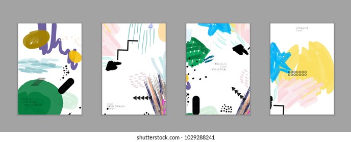 Abstract universal art web header template. Collage made with scribbles, marker, canyon strokes, black geometric shapes, ink drawn splashes. Bright colored isolated on white background cover template.